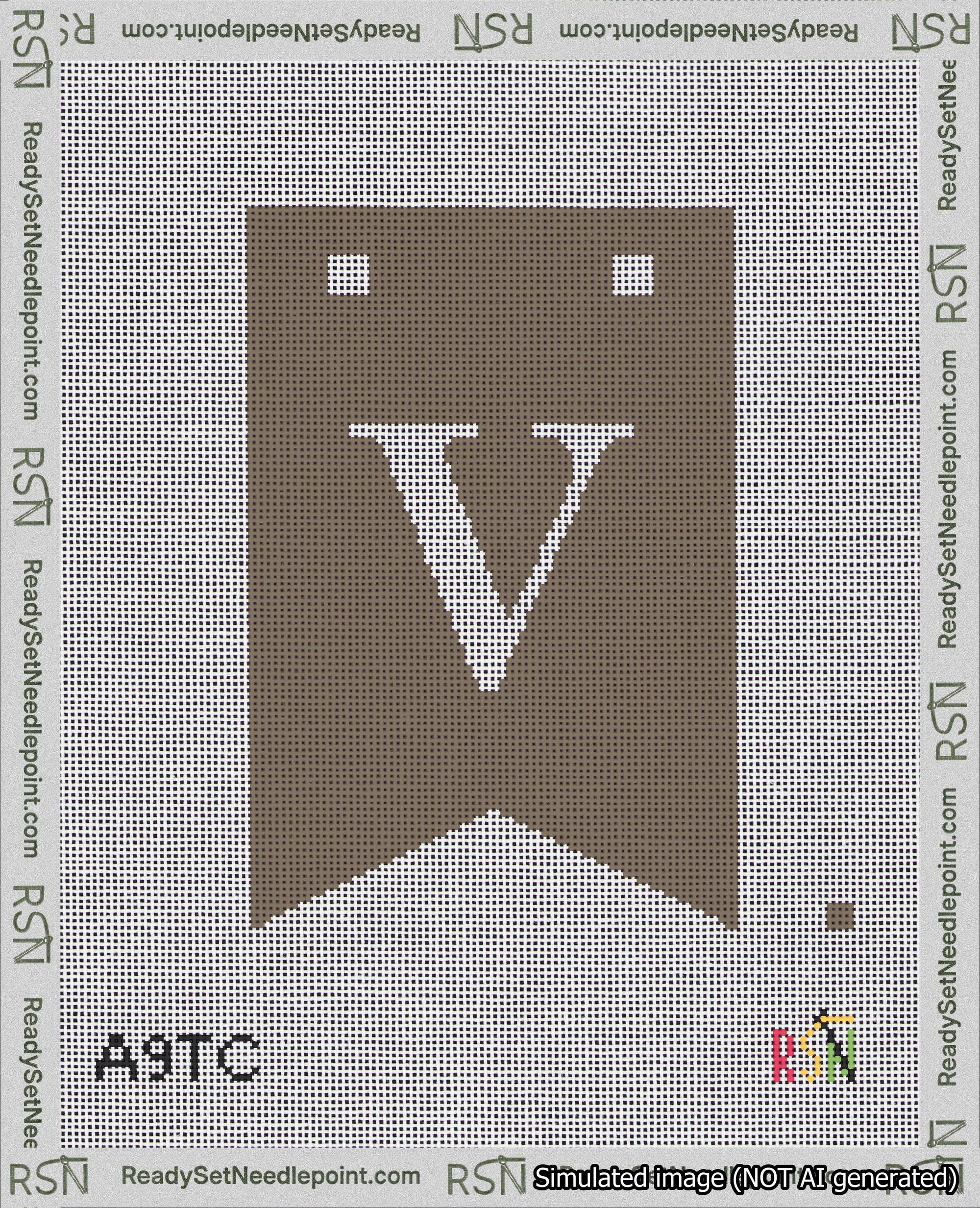A taped needlepoint canvas with the design: Banner 18 mesh count Forked V White on Brown.