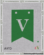 A taped needlepoint canvas with the design: Banner 18 mesh count Forked V White on Green.