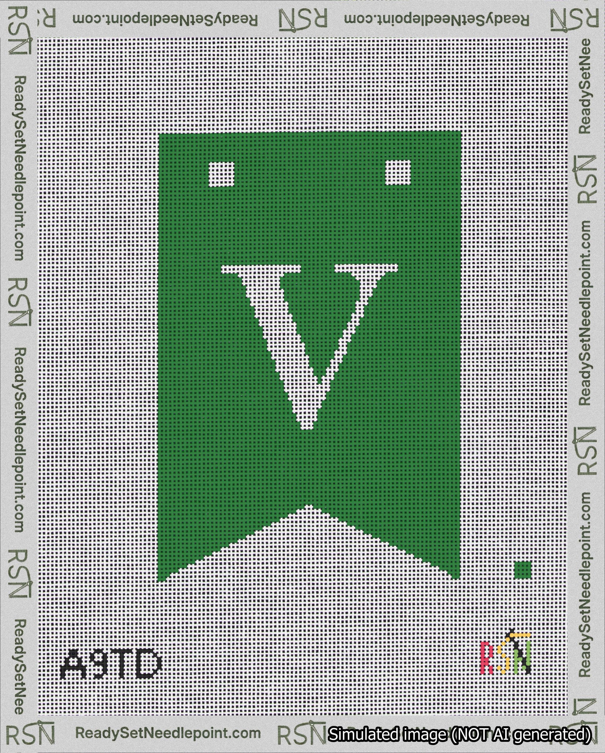 A taped needlepoint canvas with the design: Banner 18 mesh count Forked V White on Green.