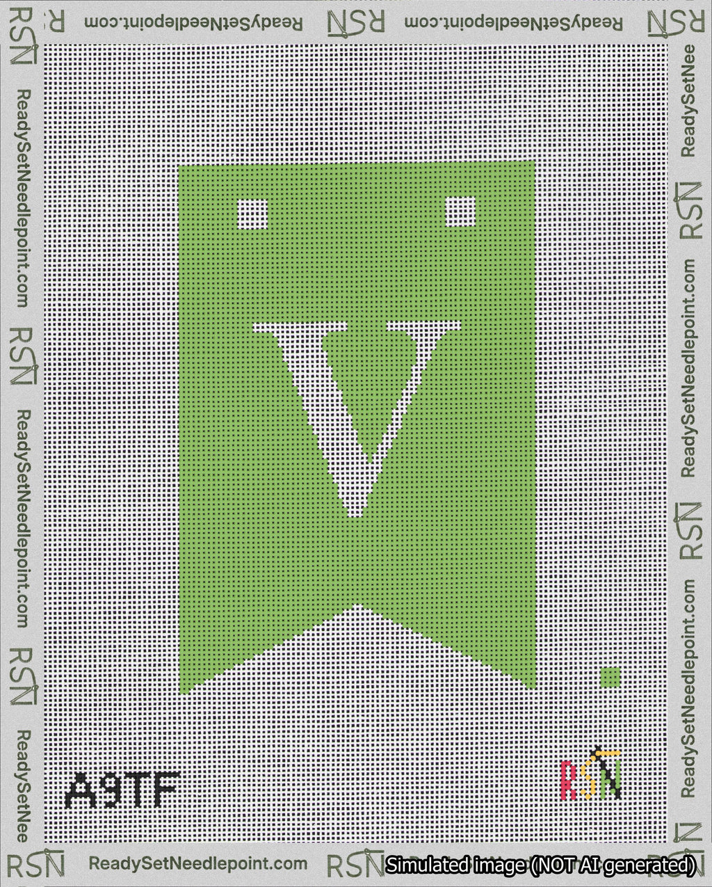 A taped needlepoint canvas with the design: Banner 18 mesh count Forked V White on Light Green.