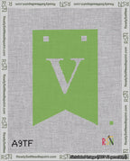 A taped needlepoint canvas with the design: Banner 18 mesh count Forked V White on Light Green.