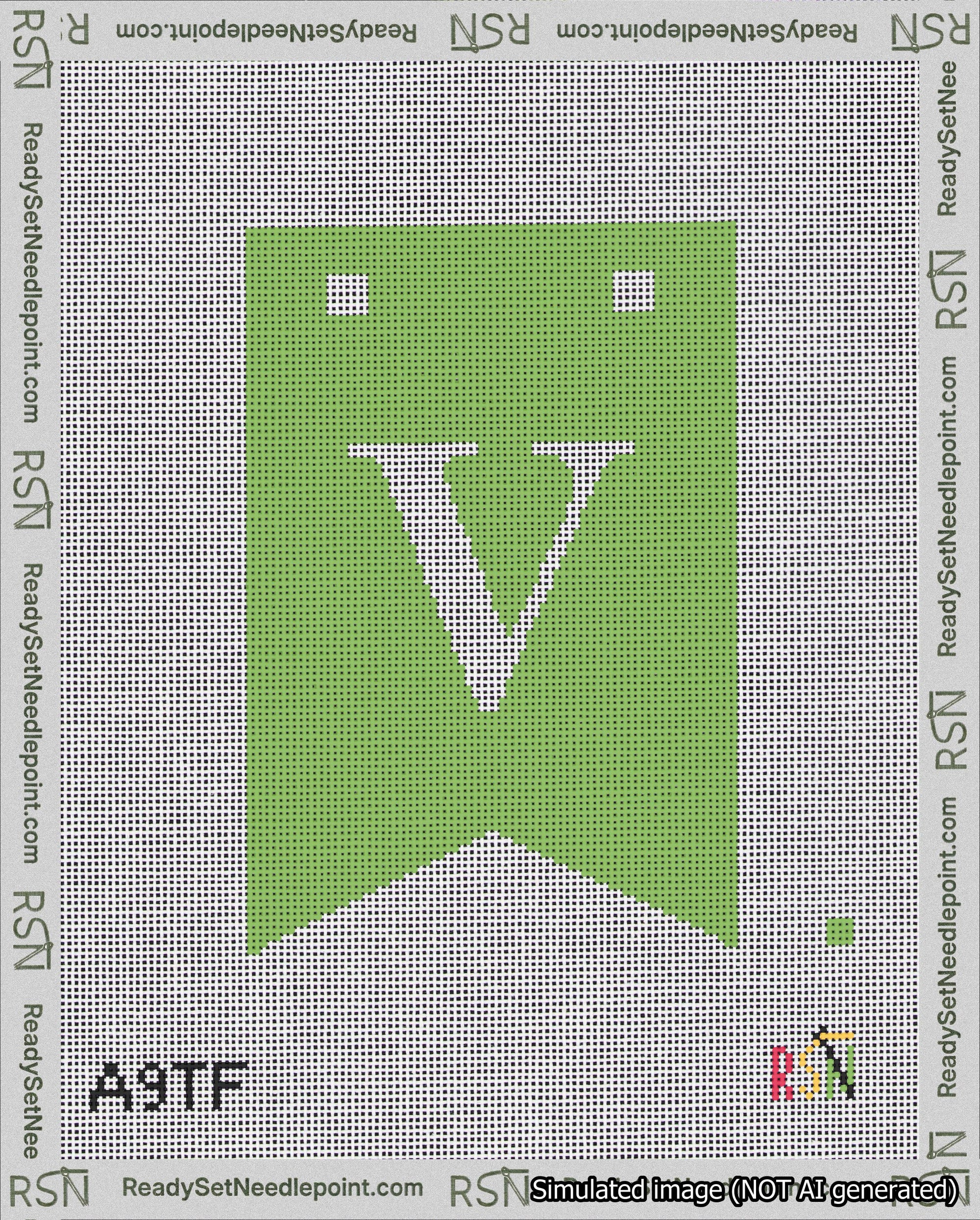 A taped needlepoint canvas with the design: Banner 18 mesh count Forked V White on Light Green.