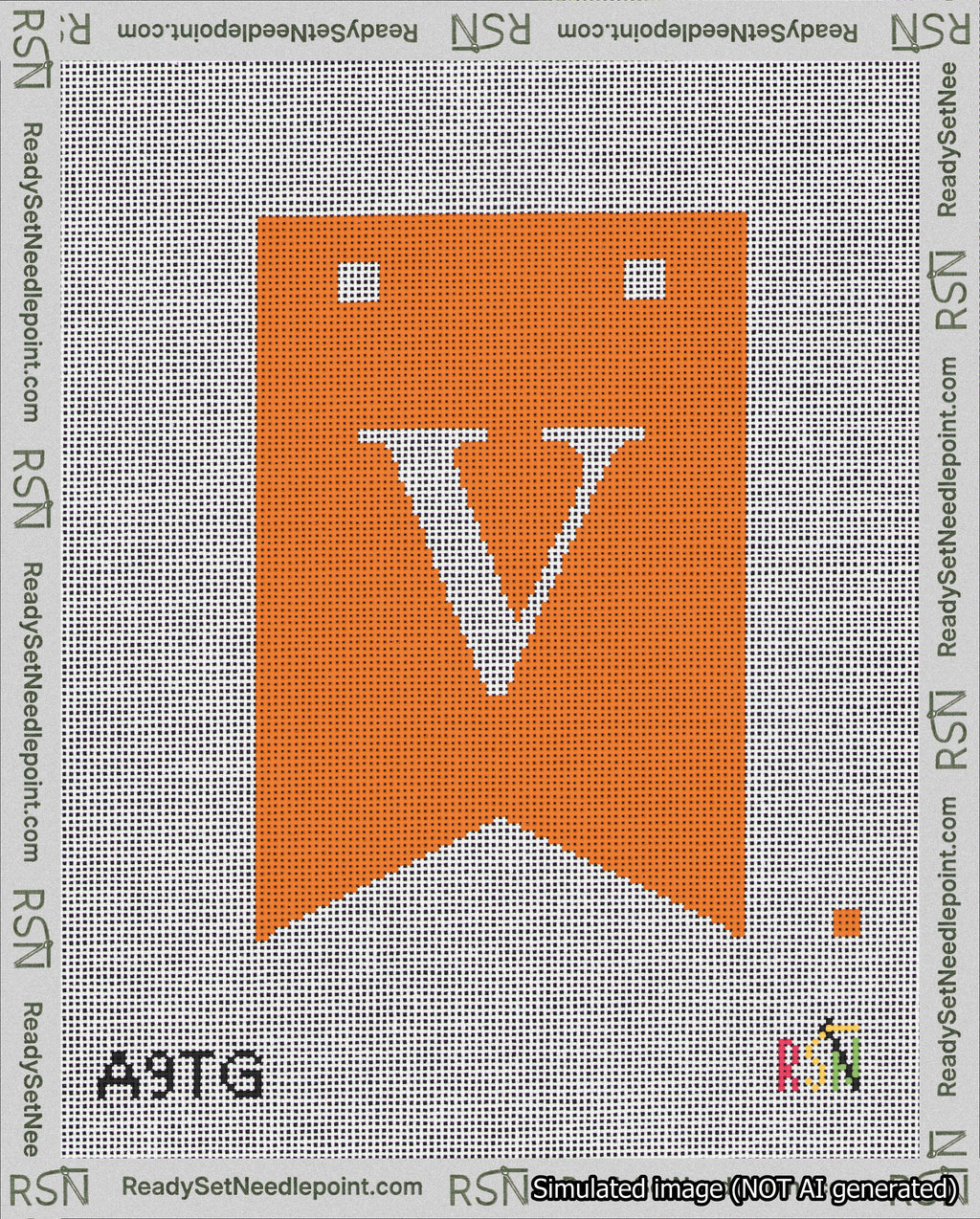 A taped needlepoint canvas with the design: Banner 18 mesh count Forked V White on Orange.