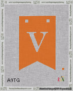 A taped needlepoint canvas with the design: Banner 18 mesh count Forked V White on Orange.
