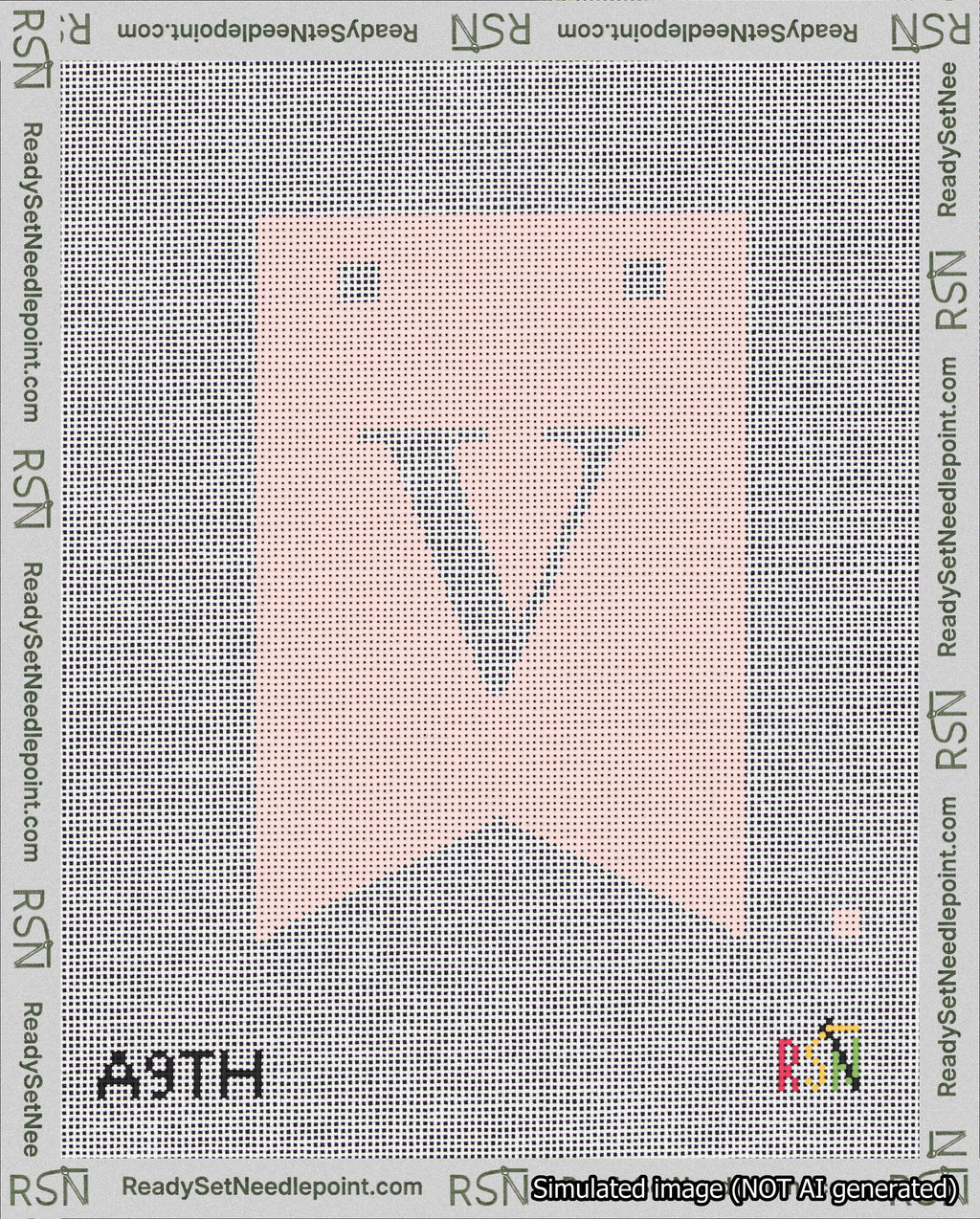 A taped needlepoint canvas with the design: Banner 18 mesh count Forked V White on Pink.