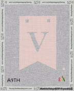 A taped needlepoint canvas with the design: Banner 18 mesh count Forked V White on Pink.