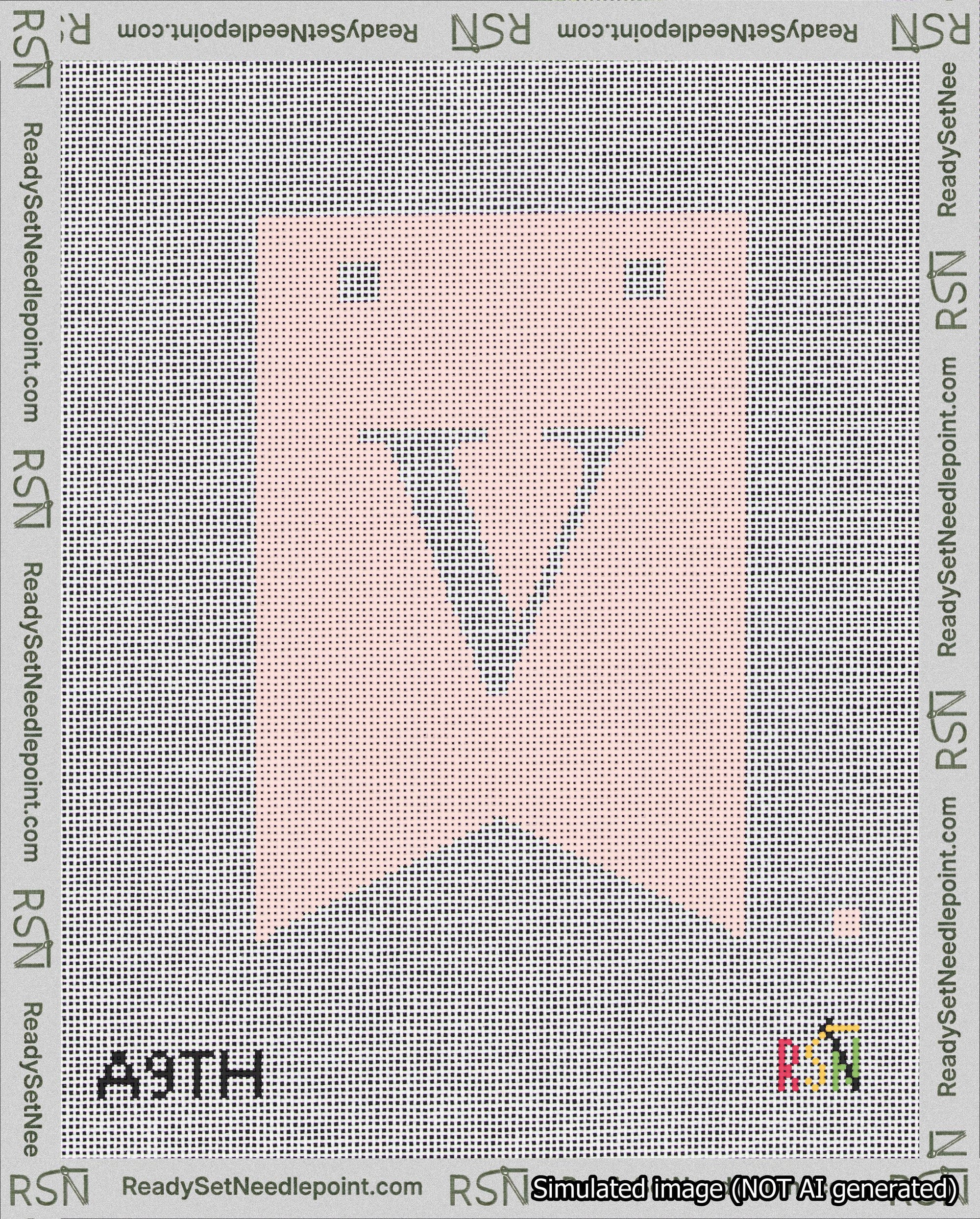 A taped needlepoint canvas with the design: Banner 18 mesh count Forked V White on Pink.