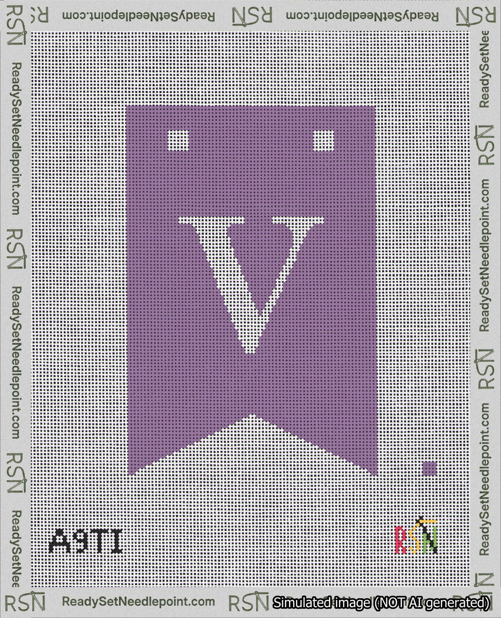 A taped needlepoint canvas with the design: Banner 18 mesh count Forked V White on Purple.