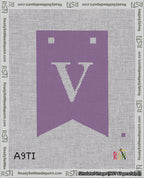 A taped needlepoint canvas with the design: Banner 18 mesh count Forked V White on Purple.