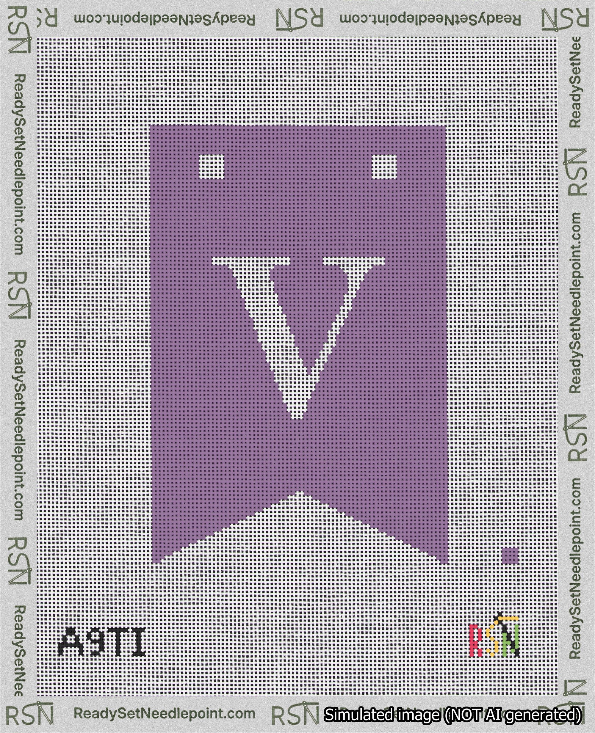 A taped needlepoint canvas with the design: Banner 18 mesh count Forked V White on Purple.