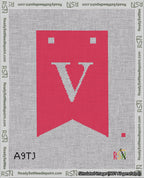 A taped needlepoint canvas with the design: Banner 18 mesh count Forked V White on Red.