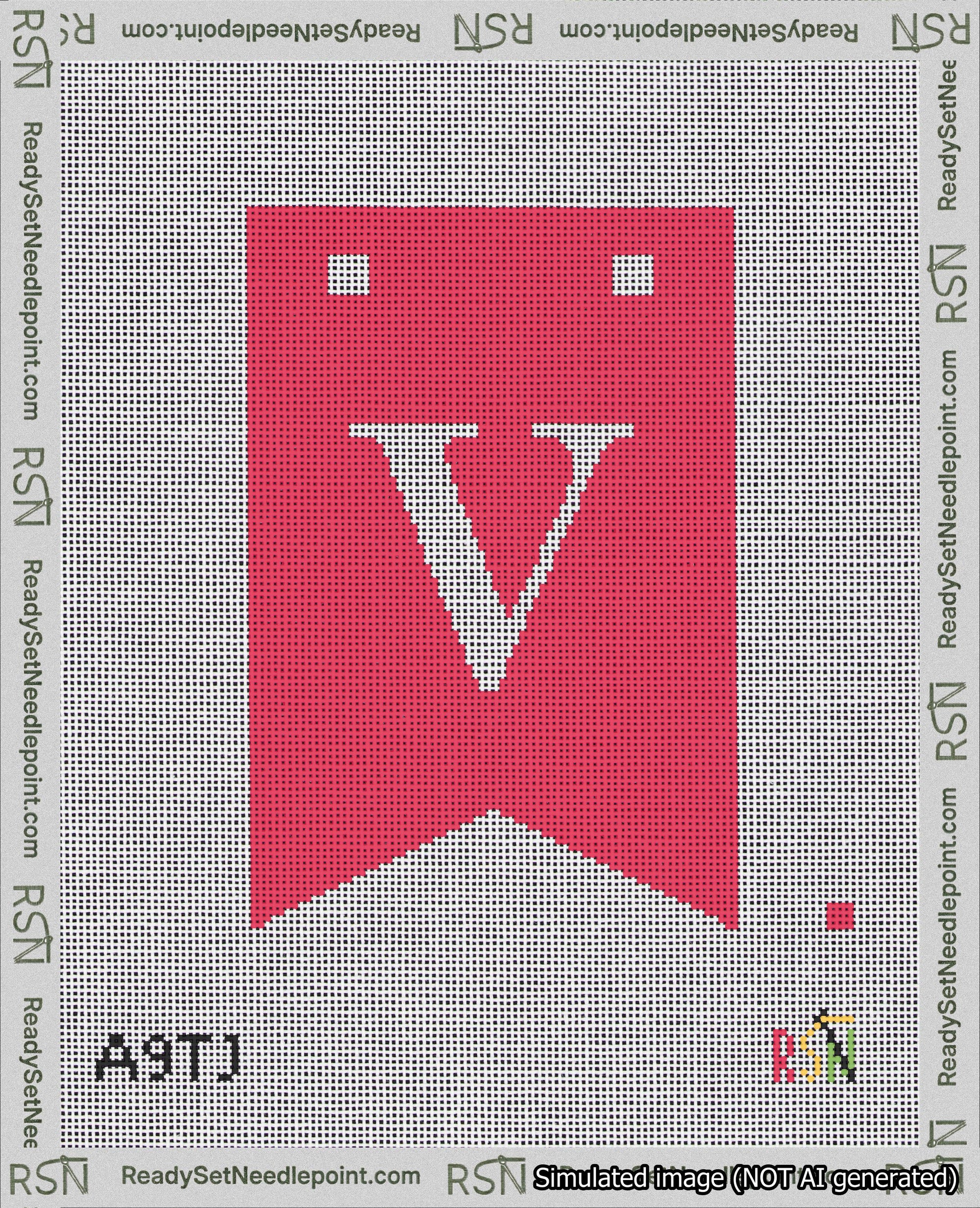 A taped needlepoint canvas with the design: Banner 18 mesh count Forked V White on Red.