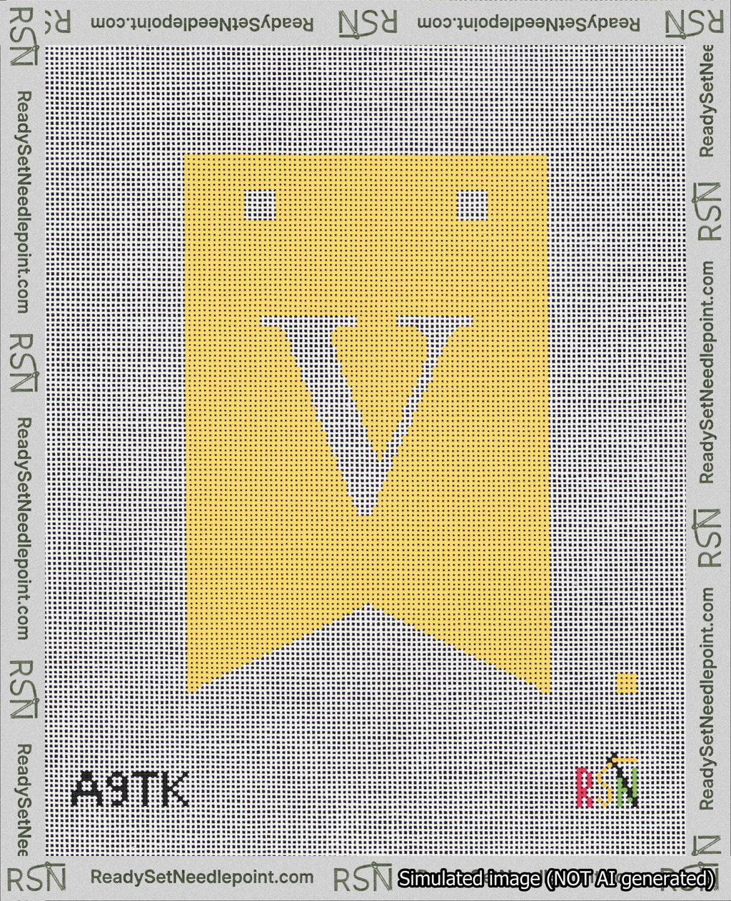 A taped needlepoint canvas with the design: Banner 18 mesh count Forked V White on Yellow.