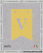 A taped needlepoint canvas with the design: Banner 18 mesh count Forked V White on Yellow.