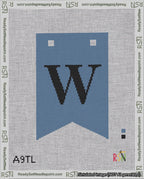 A taped needlepoint canvas with the design: Banner 18 mesh count Forked W Black on Blue.