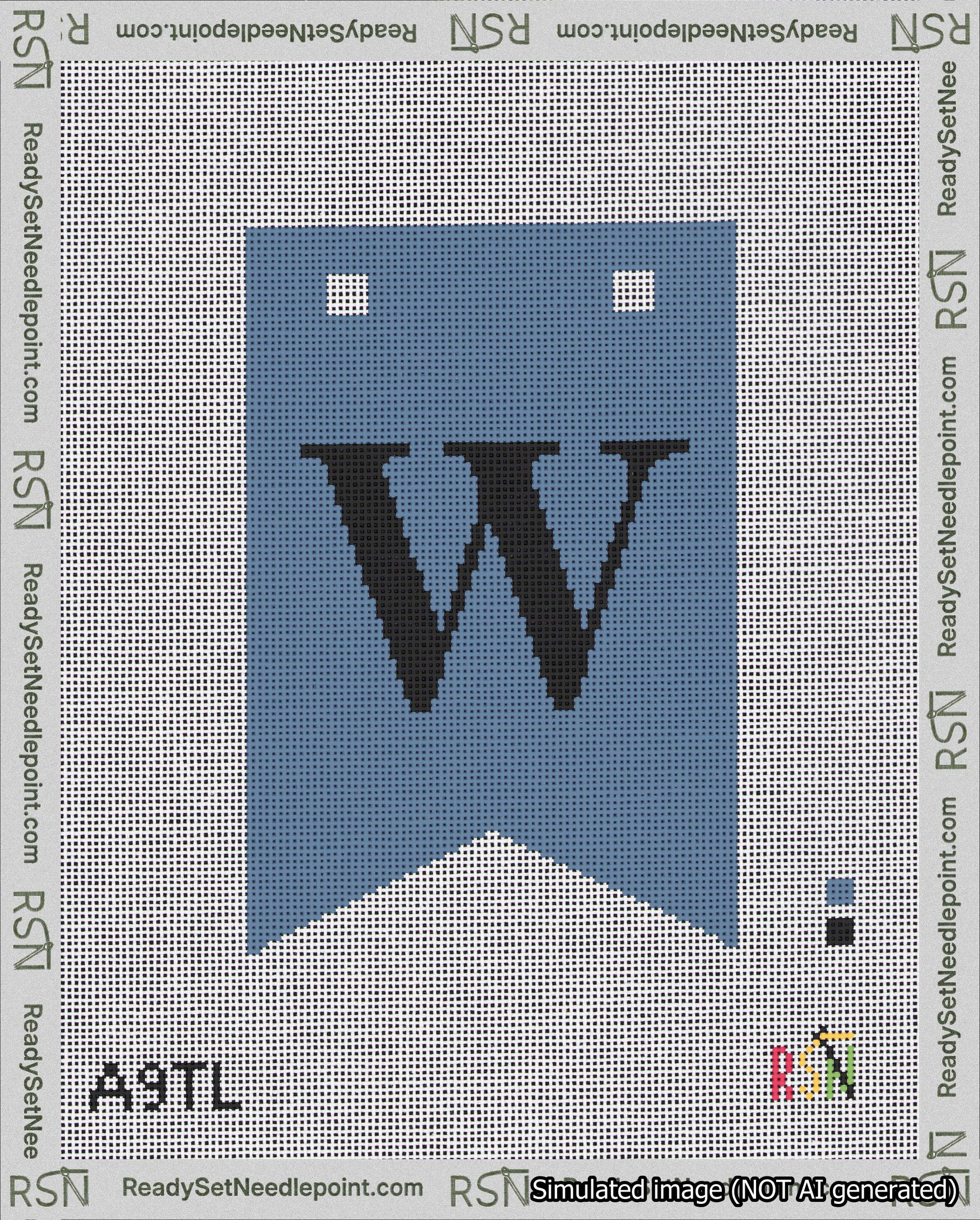 A taped needlepoint canvas with the design: Banner 18 mesh count Forked W Black on Blue.