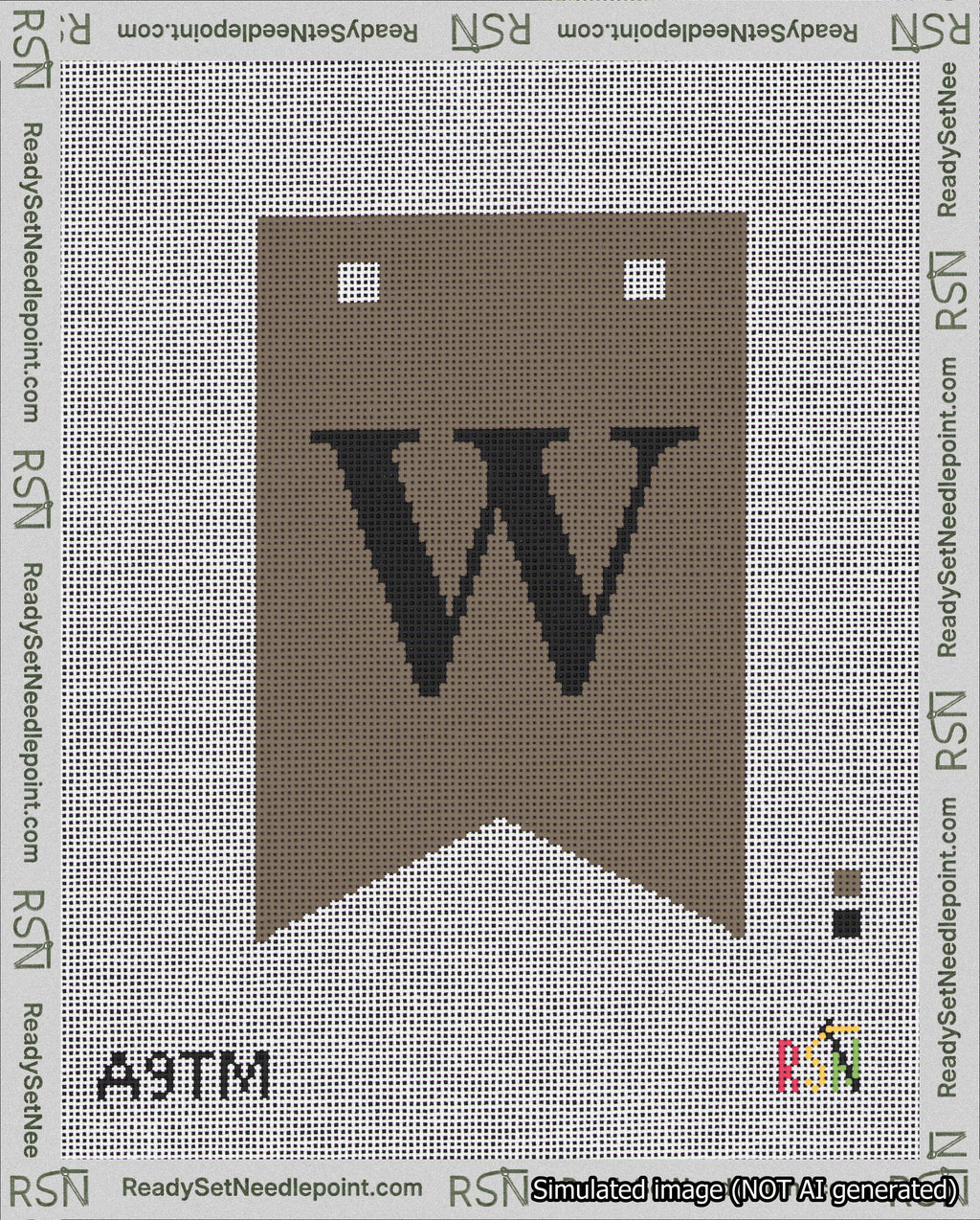 A taped needlepoint canvas with the design: Banner 18 mesh count Forked W Black on Brown.
