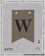 A taped needlepoint canvas with the design: Banner 18 mesh count Forked W Black on Brown.