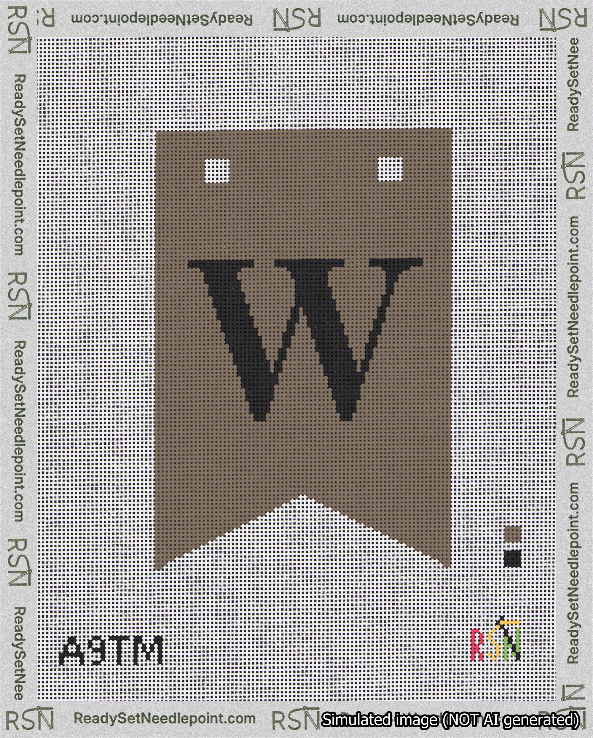 A taped needlepoint canvas with the design: Banner 18 mesh count Forked W Black on Brown.
