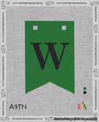 A taped needlepoint canvas with the design: Banner 18 mesh count Forked W Black on Green.