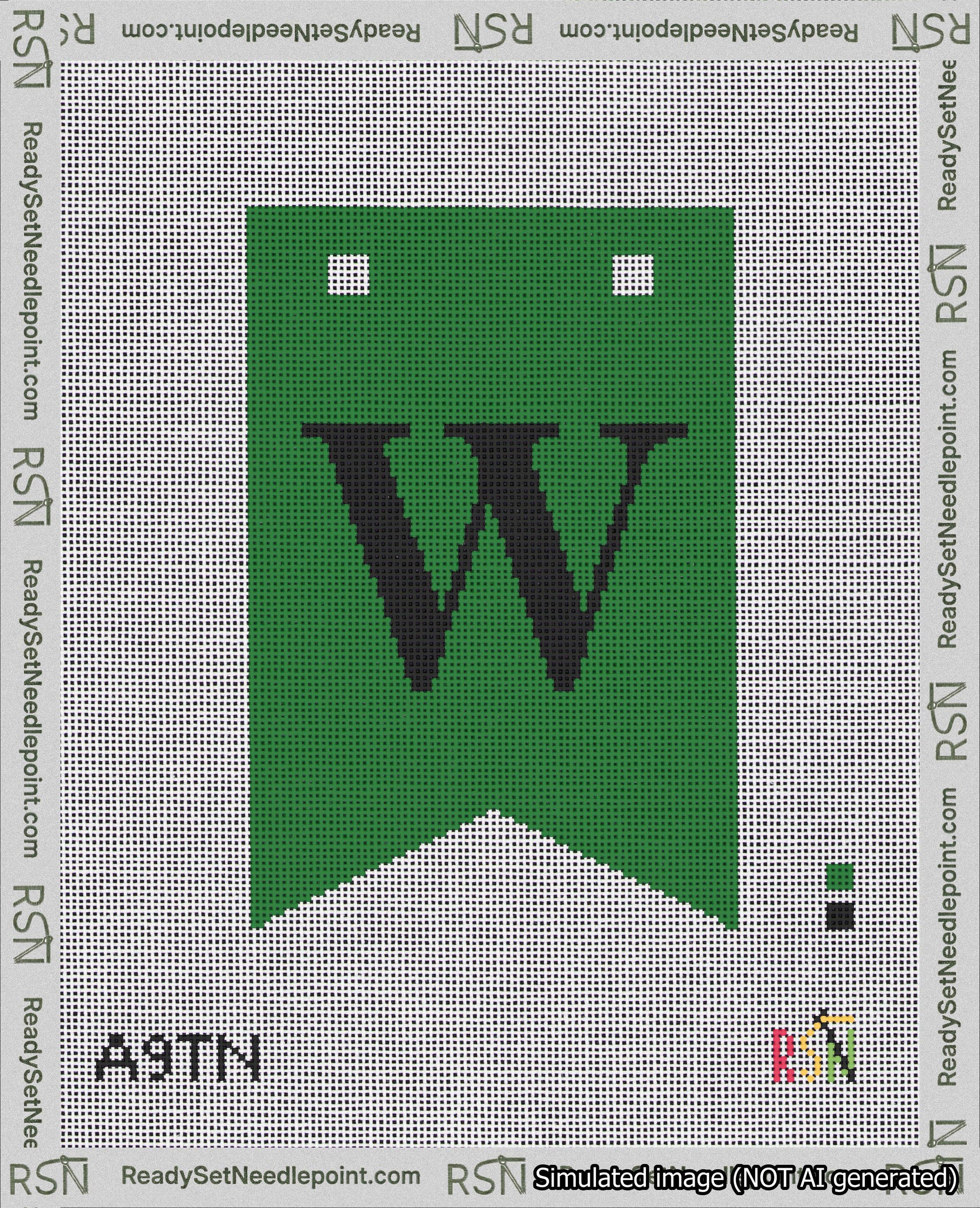 A taped needlepoint canvas with the design: Banner 18 mesh count Forked W Black on Green.
