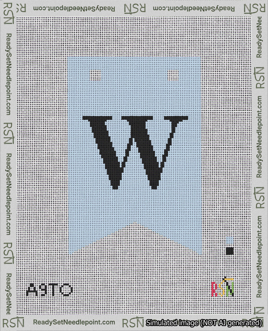 A taped needlepoint canvas with the design: Banner 18 mesh count Forked W Black on Light Blue.