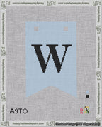 A taped needlepoint canvas with the design: Banner 18 mesh count Forked W Black on Light Blue.