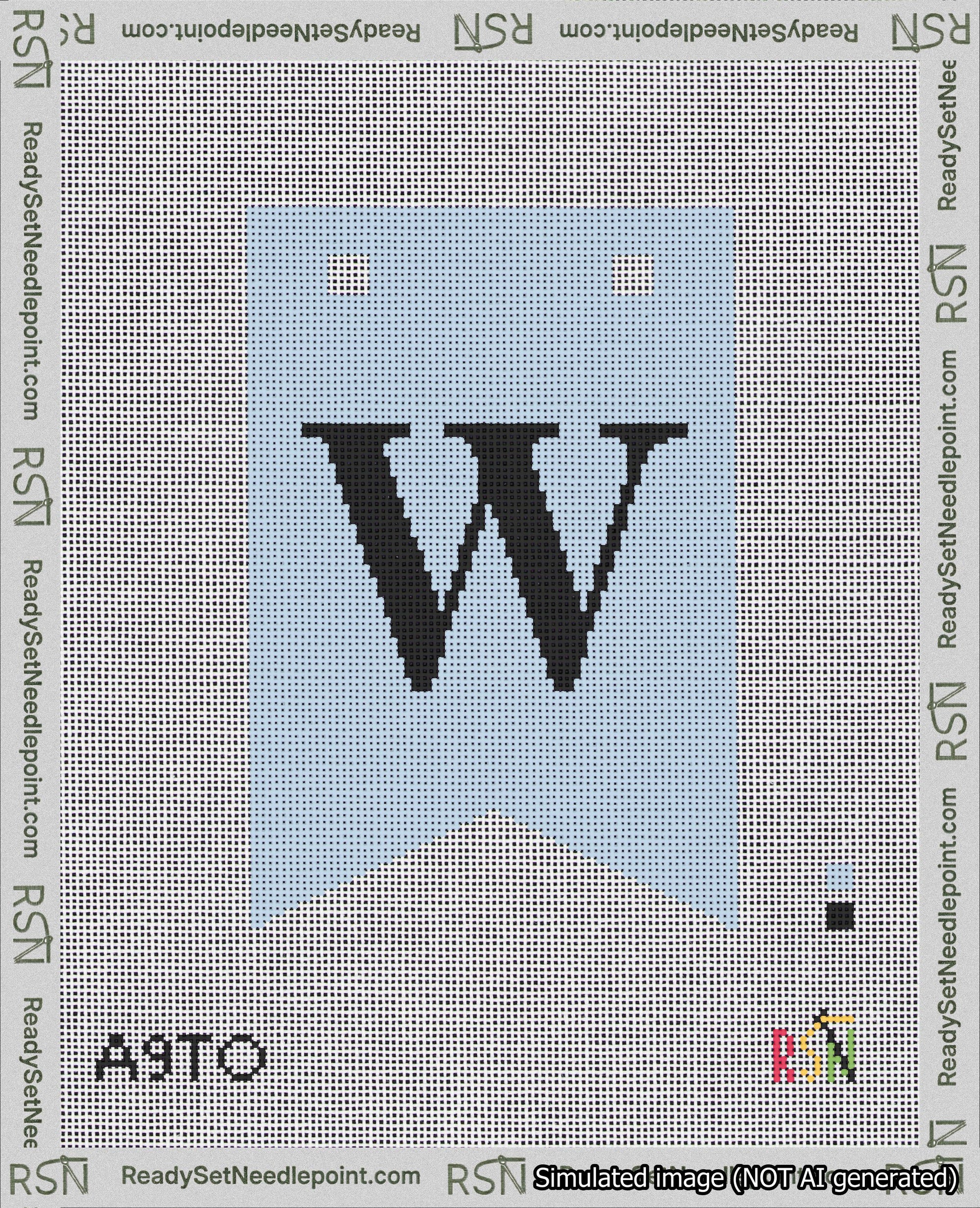 A taped needlepoint canvas with the design: Banner 18 mesh count Forked W Black on Light Blue.