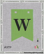 A taped needlepoint canvas with the design: Banner 18 mesh count Forked W Black on Light Green.