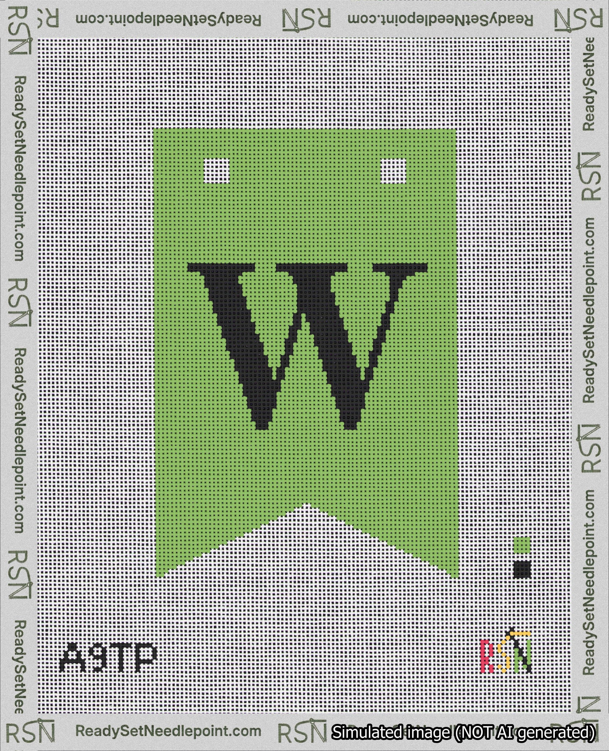 A taped needlepoint canvas with the design: Banner 18 mesh count Forked W Black on Light Green.