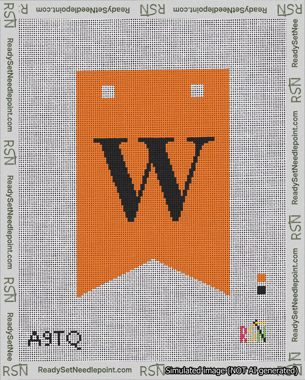 A taped needlepoint canvas with the design: Banner 18 mesh count Forked W Black on Orange.