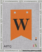 A taped needlepoint canvas with the design: Banner 18 mesh count Forked W Black on Orange.