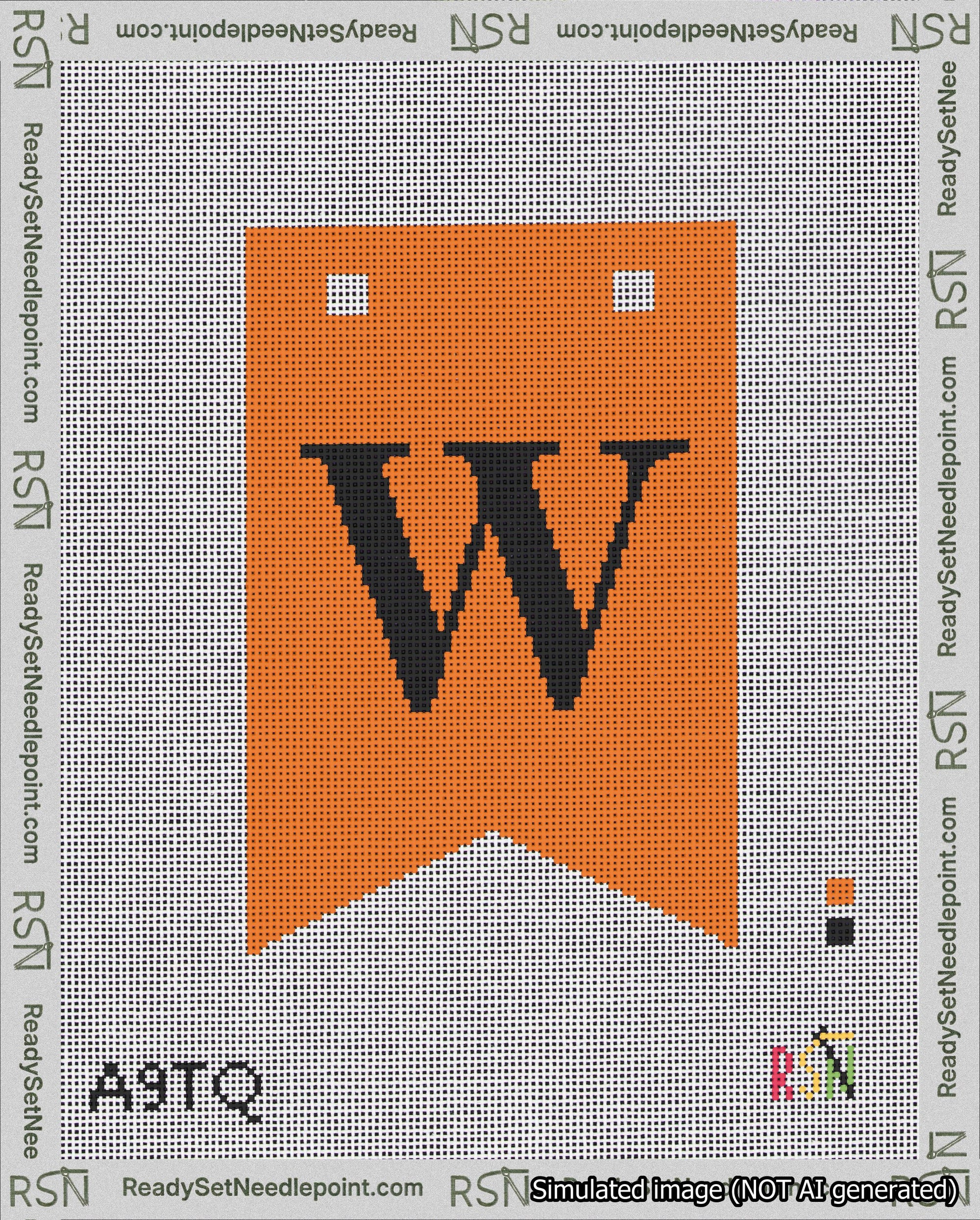 A taped needlepoint canvas with the design: Banner 18 mesh count Forked W Black on Orange.