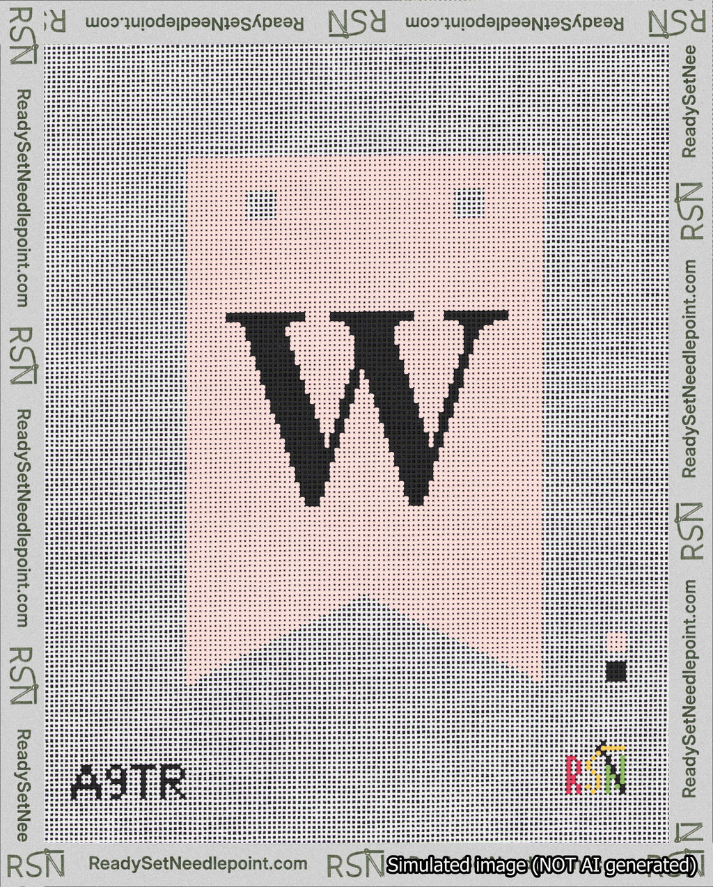 A taped needlepoint canvas with the design: Banner 18 mesh count Forked W Black on Pink.
