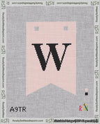 A taped needlepoint canvas with the design: Banner 18 mesh count Forked W Black on Pink.