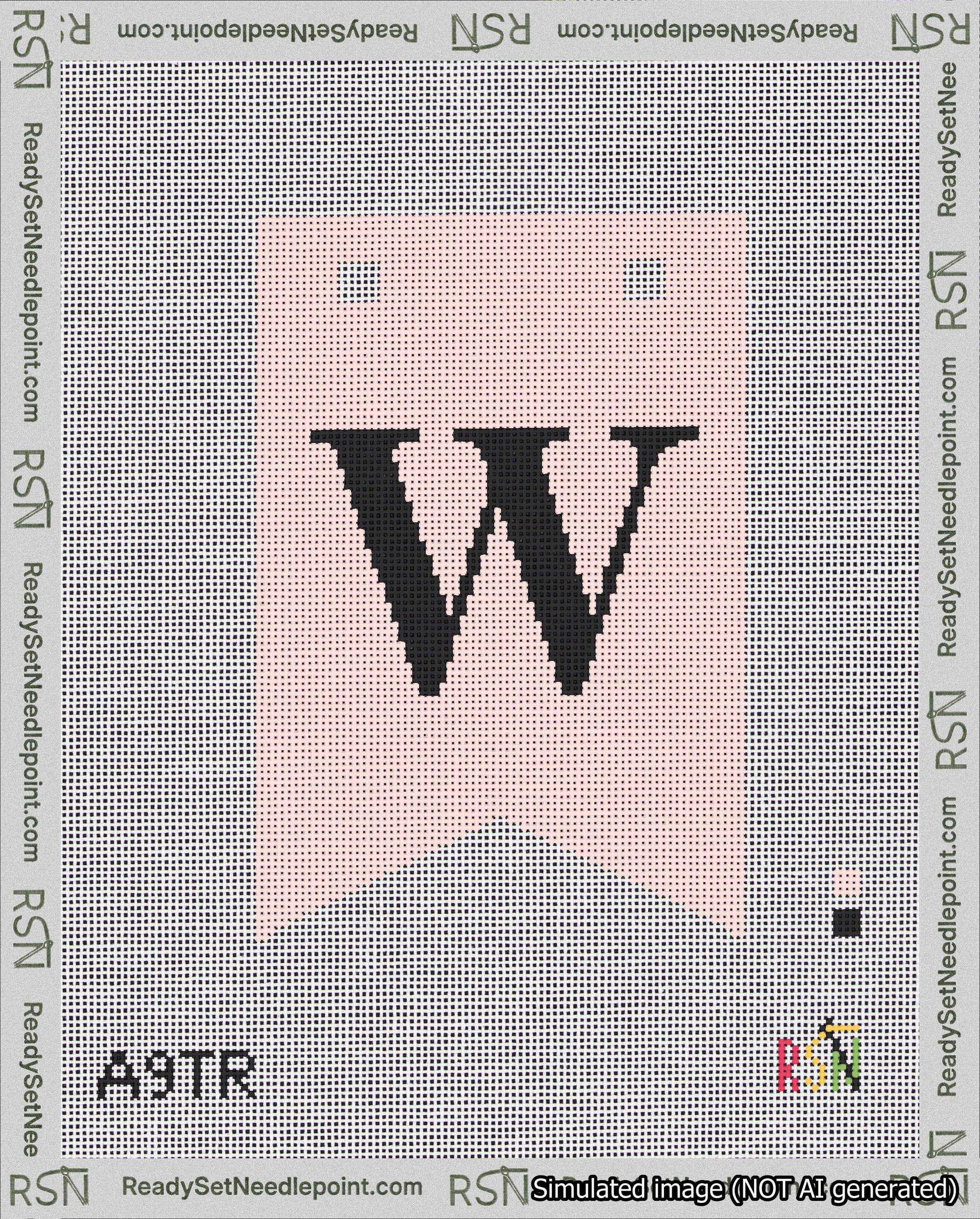 A taped needlepoint canvas with the design: Banner 18 mesh count Forked W Black on Pink.