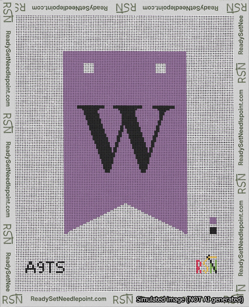 A taped needlepoint canvas with the design: Banner 18 mesh count Forked W Black on Purple.