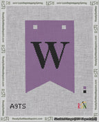 A taped needlepoint canvas with the design: Banner 18 mesh count Forked W Black on Purple.