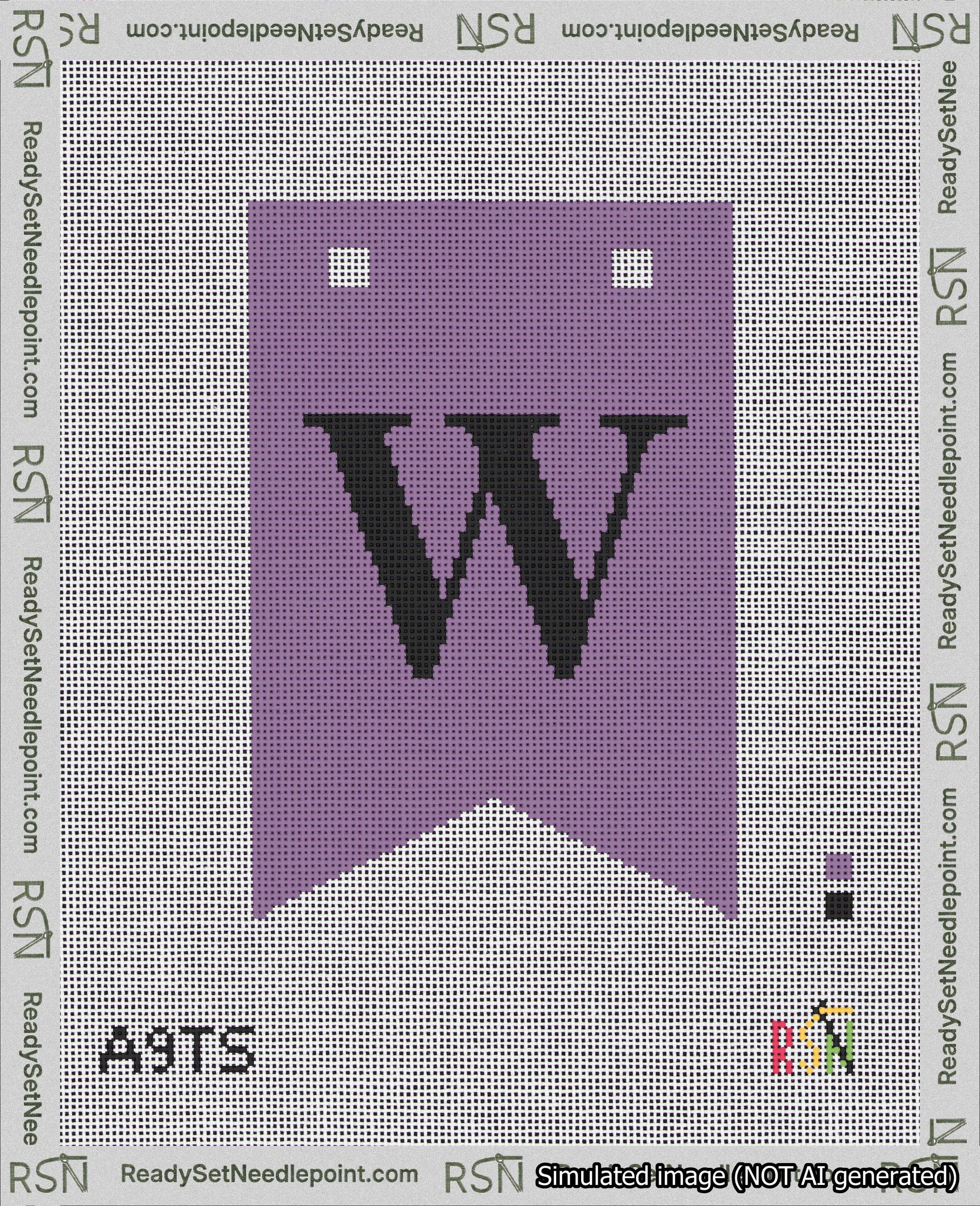 A taped needlepoint canvas with the design: Banner 18 mesh count Forked W Black on Purple.