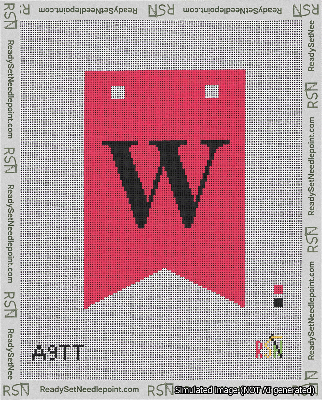 A taped needlepoint canvas with the design: Banner 18 mesh count Forked W Black on Red.