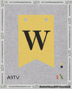 A taped needlepoint canvas with the design: Banner 18 mesh count Forked W Black on Yellow.