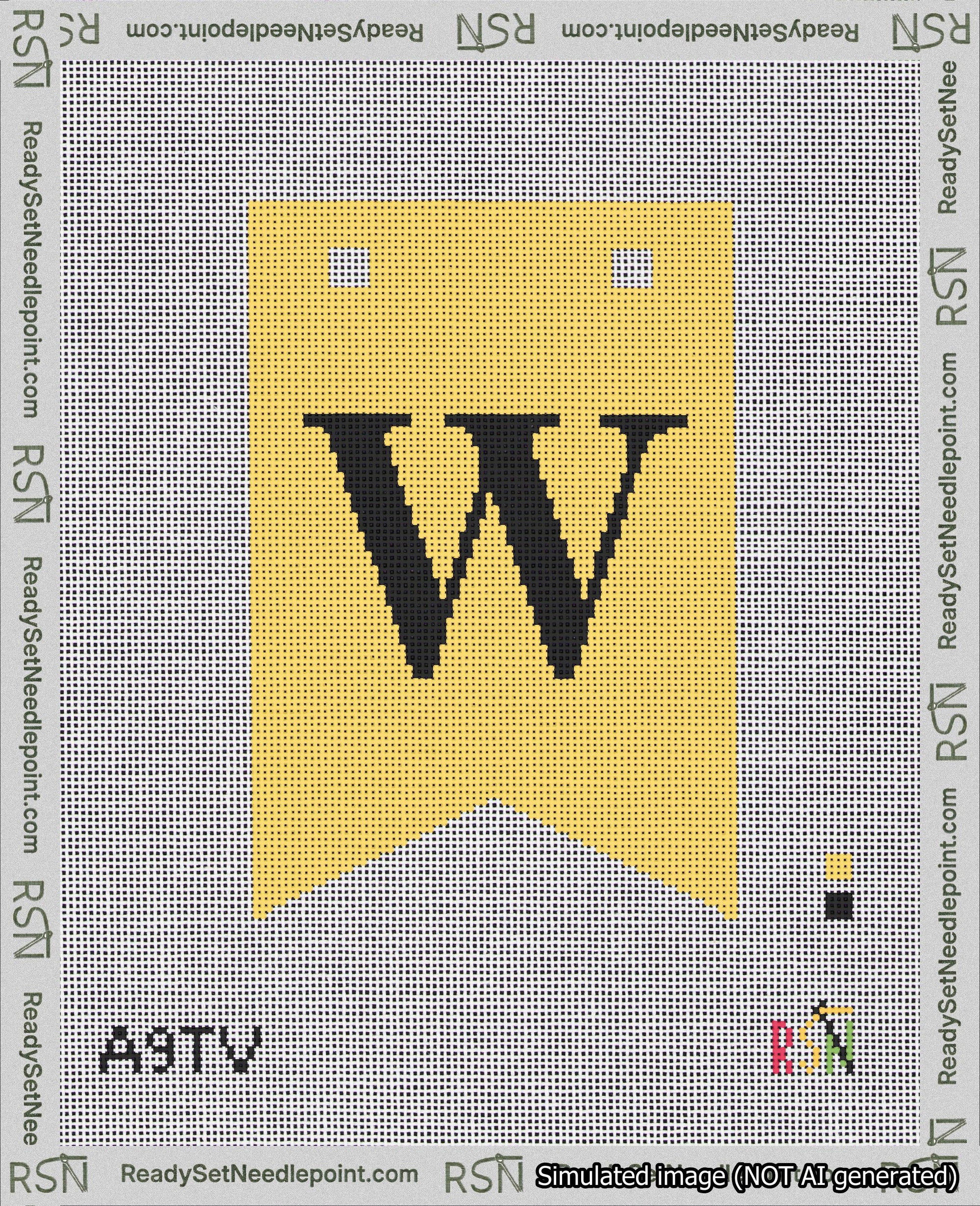 A taped needlepoint canvas with the design: Banner 18 mesh count Forked W Black on Yellow.