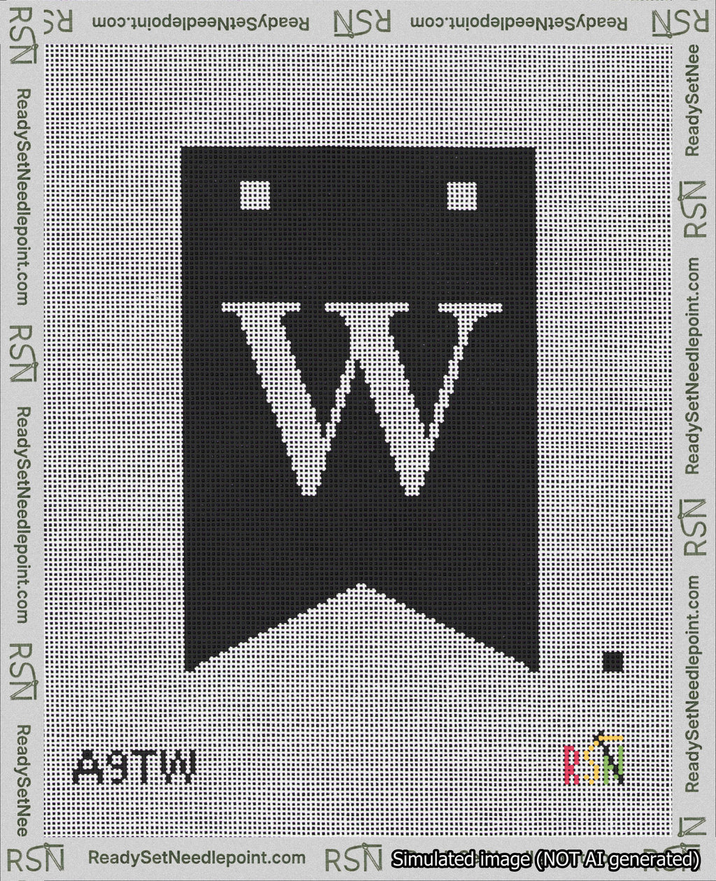 A taped needlepoint canvas with the design: Banner 18 mesh count Forked W White on Black.