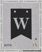 A taped needlepoint canvas with the design: Banner 18 mesh count Forked W White on Black.