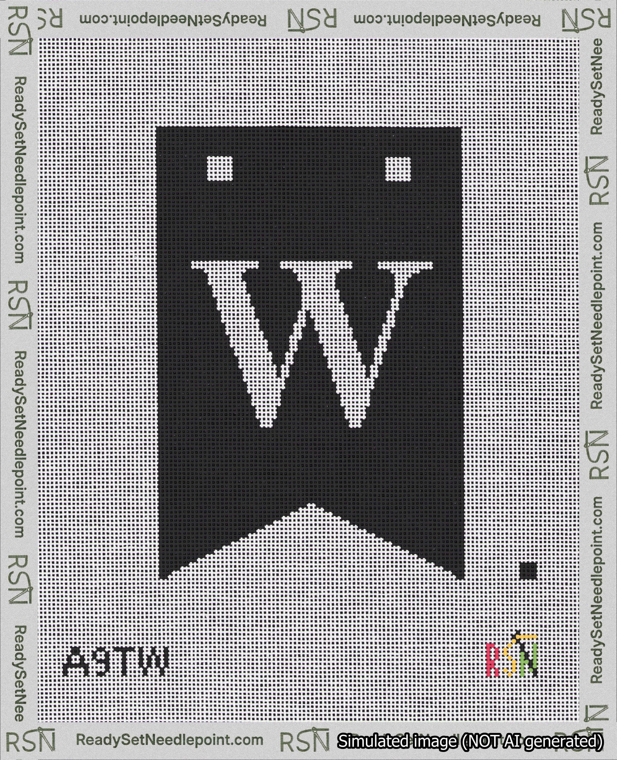 A taped needlepoint canvas with the design: Banner 18 mesh count Forked W White on Black.