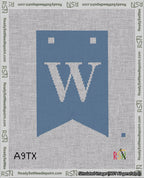 A taped needlepoint canvas with the design: Banner 18 mesh count Forked W White on Blue.