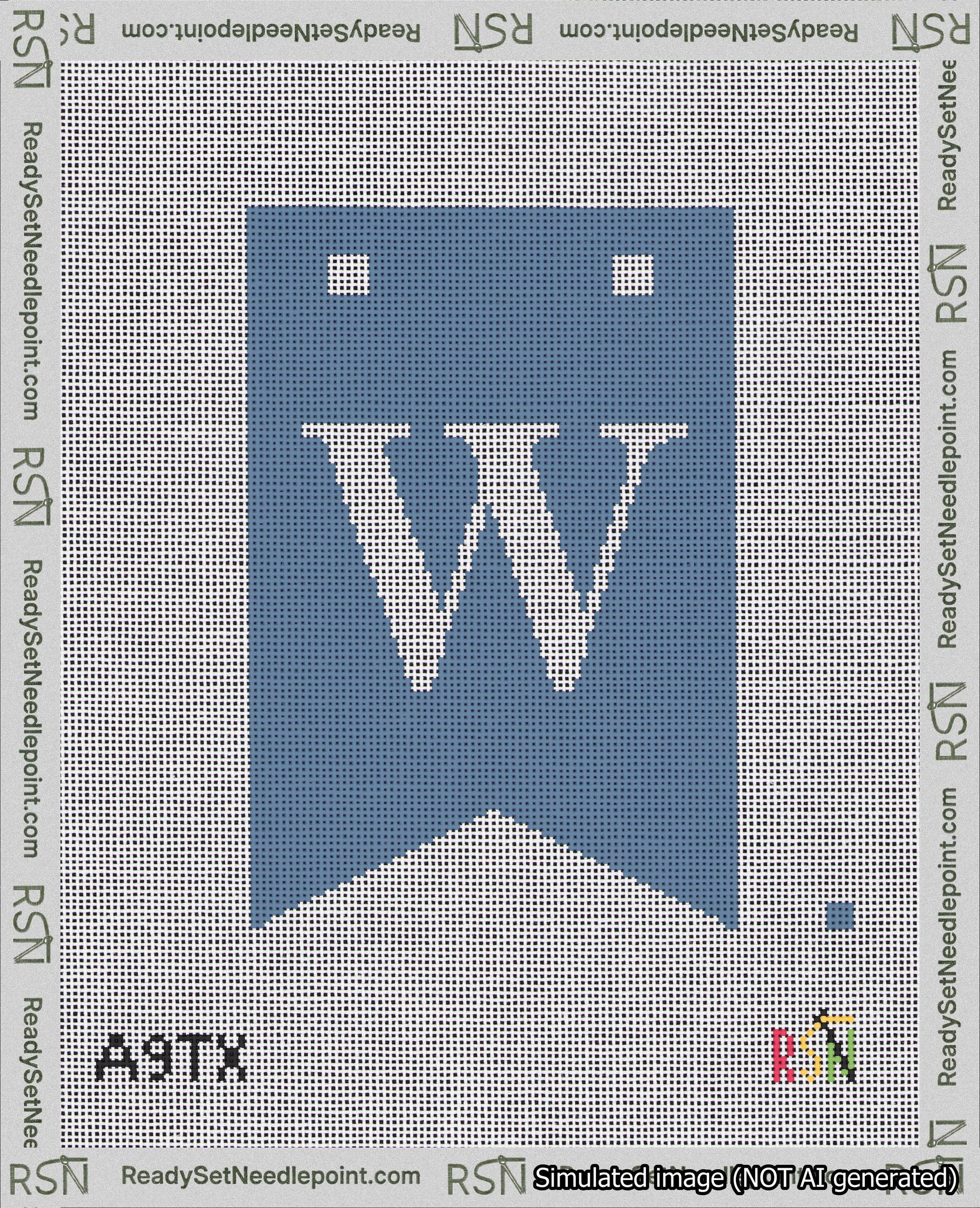 A taped needlepoint canvas with the design: Banner 18 mesh count Forked W White on Blue.