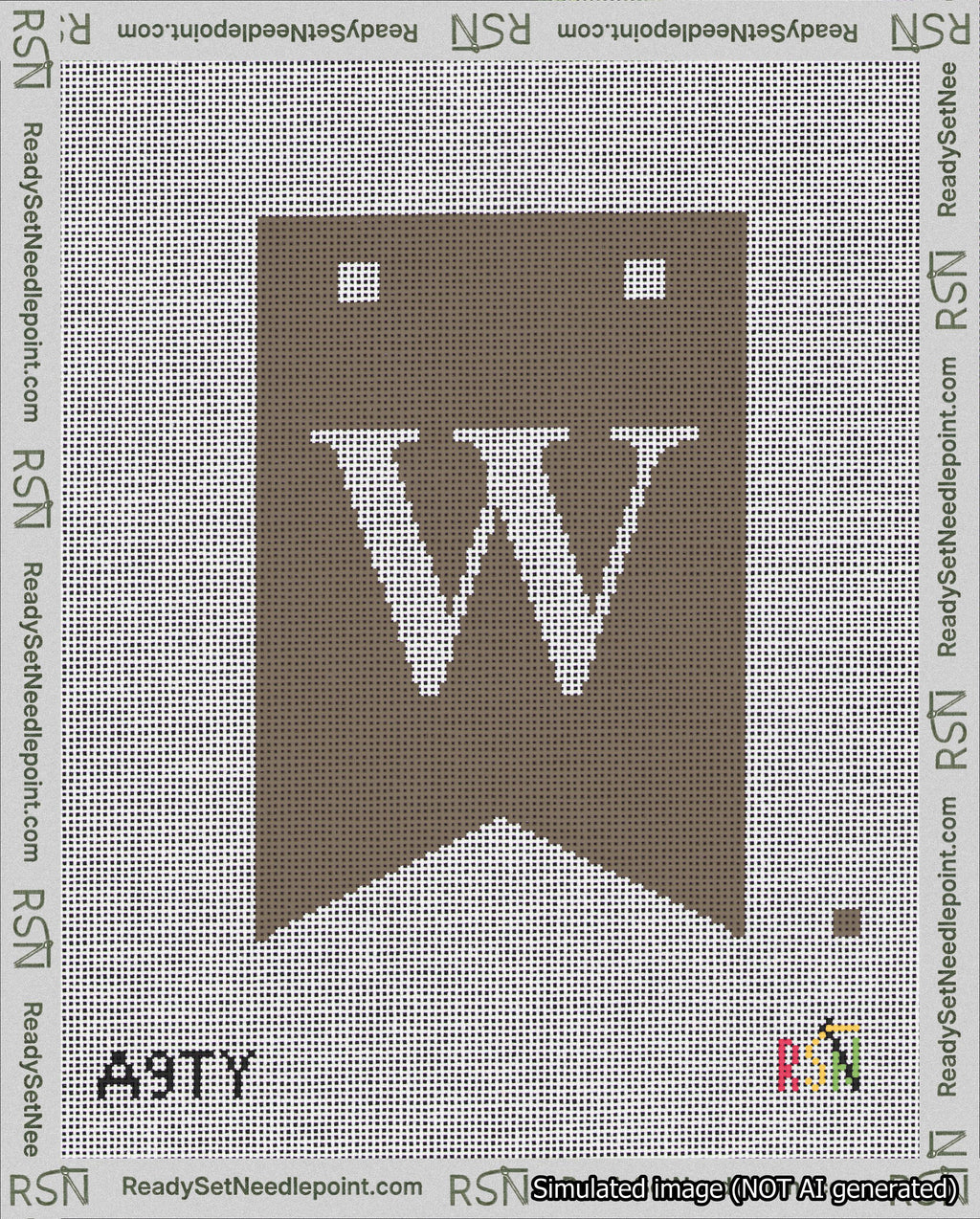 A taped needlepoint canvas with the design: Banner 18 mesh count Forked W White on Brown.