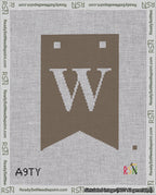 A taped needlepoint canvas with the design: Banner 18 mesh count Forked W White on Brown.
