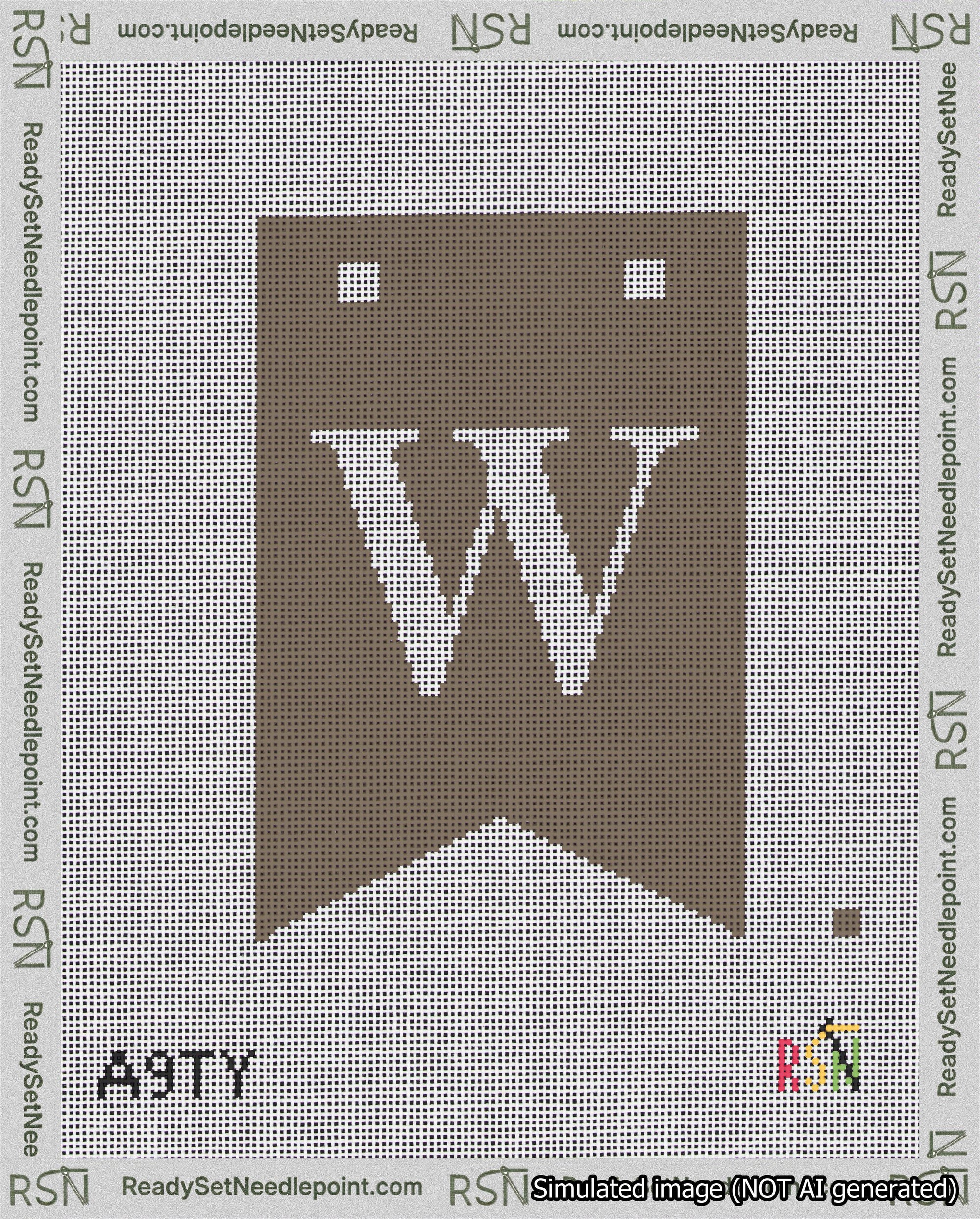 A taped needlepoint canvas with the design: Banner 18 mesh count Forked W White on Brown.